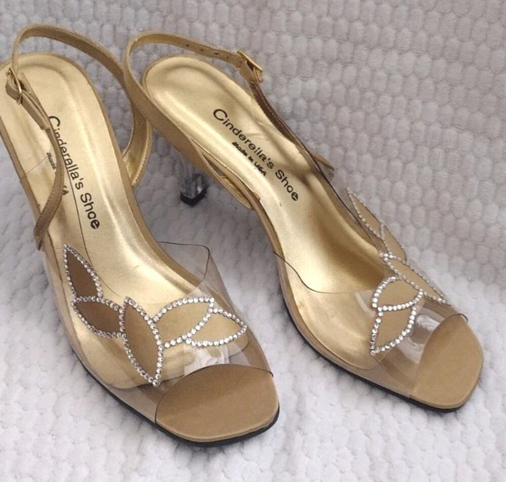 Women's Vintage Cinderella's Shoe Gold Lucite & Rhinestone 7/8 Read Description